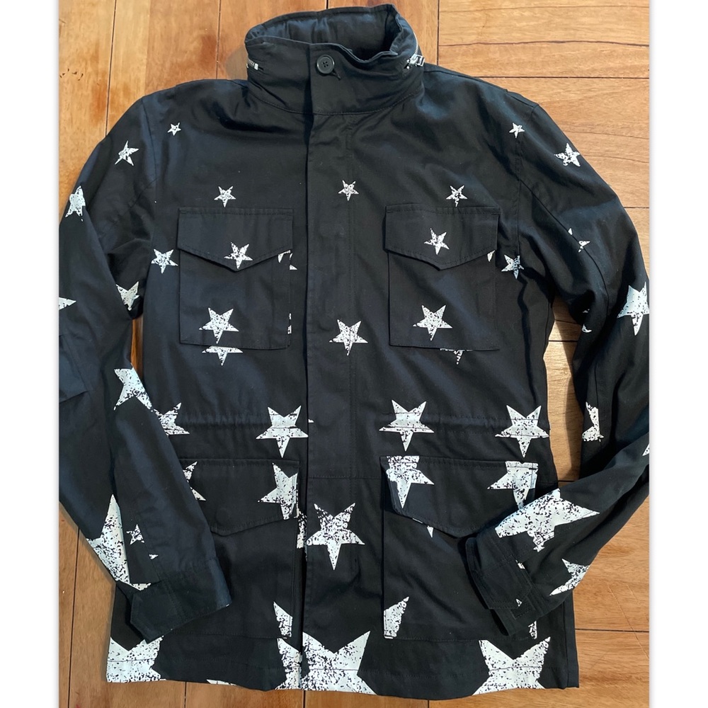 Black Scale stars print hooded military style jacket size Small